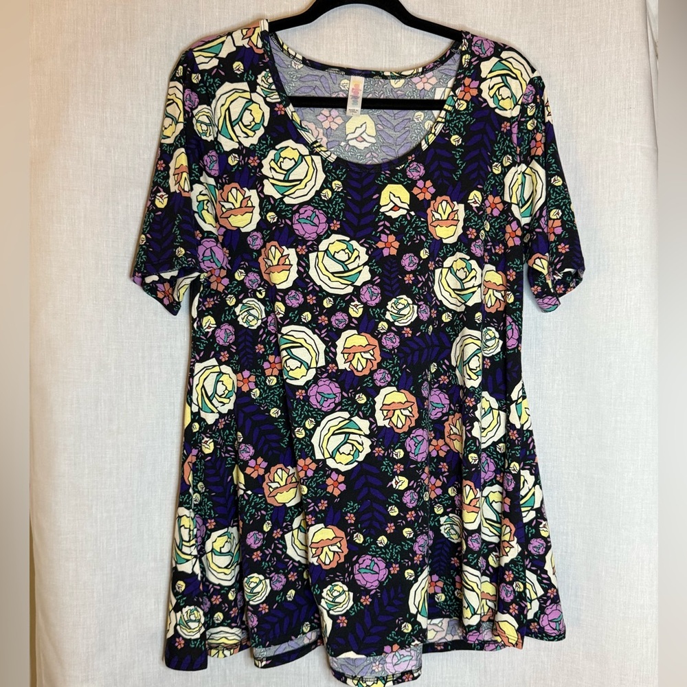 LuLaRoe Perfect T Purple and Yellow Patterned Fabric